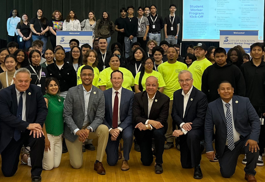California Chief Service Officer Josh Fryday joins Stockton Mayor Kevin Lincoln to kick off the City of Stockton Summer Youth Employment program.
