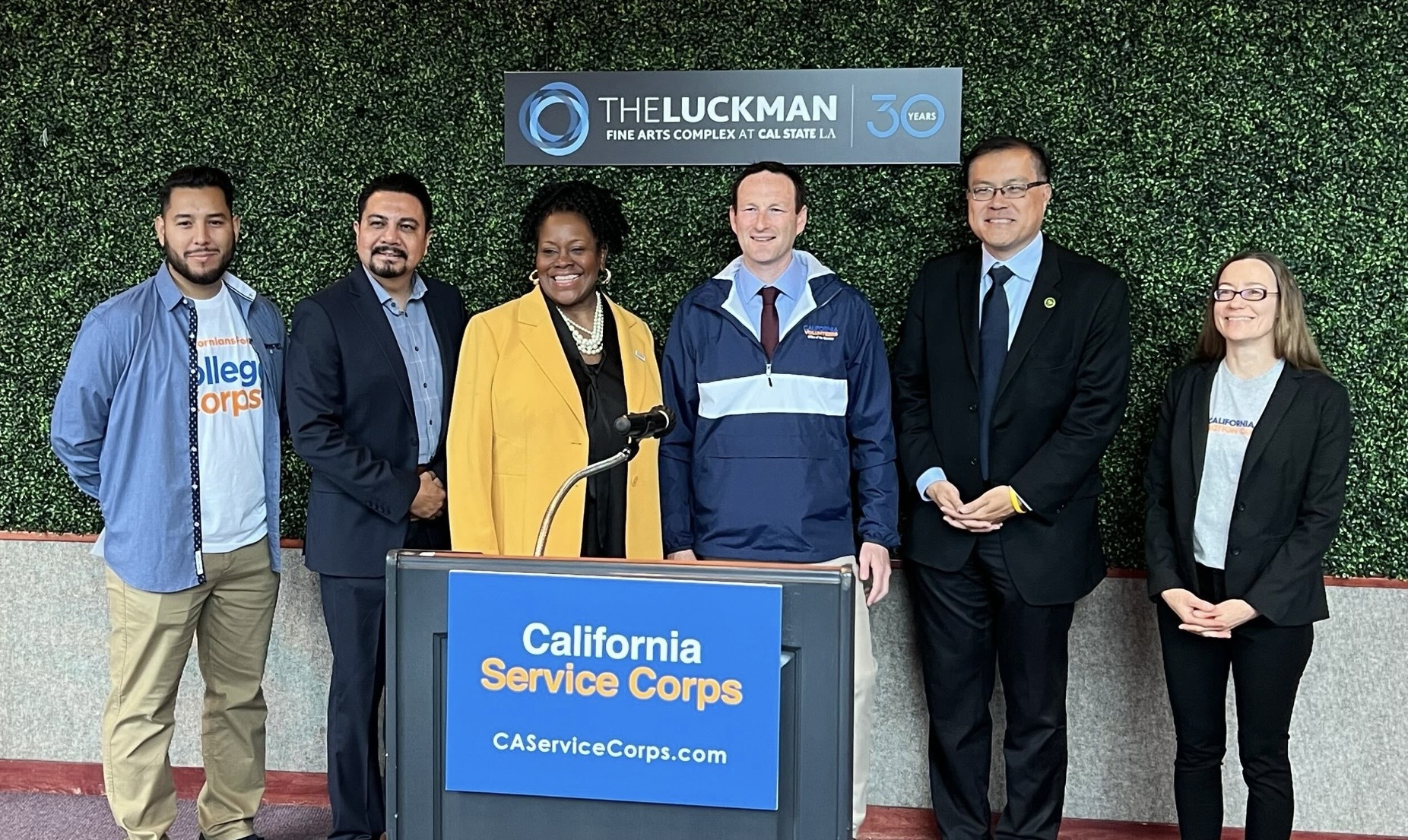 College Corps Fellow Diego Ramos Lopez, East Los Angeles College President Dr. Alberto J. Roman, Cal State LA President Dr. Berenecea Johnson Eanes, Chief Service Officer Josh Fryday, State Assemblymember Mike Fong, and California Climate Action Corps Fellow Kacey Donner gather to announce California Service Corps recruitment effort in the Los Angeles Region.