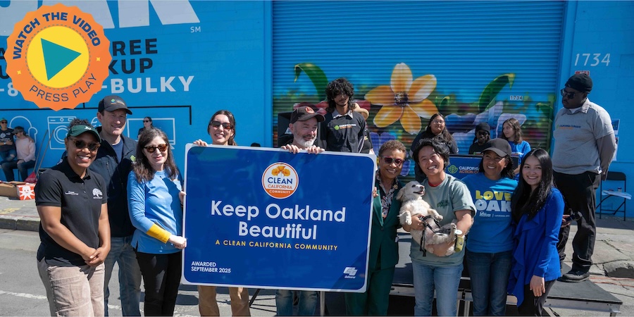Oakland Councilmember Rowena Brown, GO-Serve Director Josh Fryday, Oakland Mayor Barbara Lee, Oakland Councilmember Charlene Wang and Keep Oakland Beautiful Executive Director Christine Porter join California Service Corps members and volunteers.