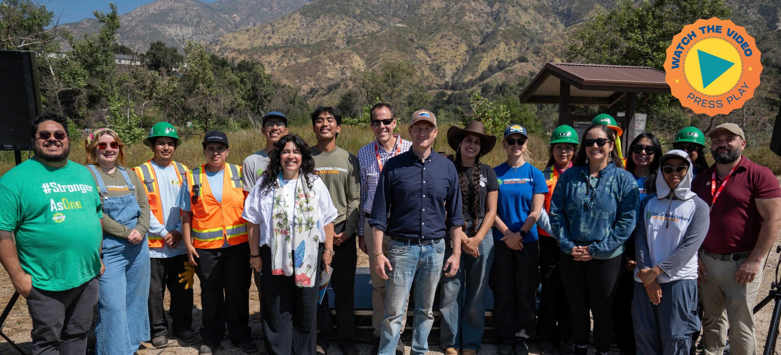 L.A. Works Vice President of External Affairs Stephen Davalos, LA County Department of Parks and Recreation Director Norma Garcia-Gonzalez, LA Climate Week Executive Director Dan Thorman and GO-Serve Director Josh Fryday join California Service Corps members and volunteers at Eaton Canyon in Altadena